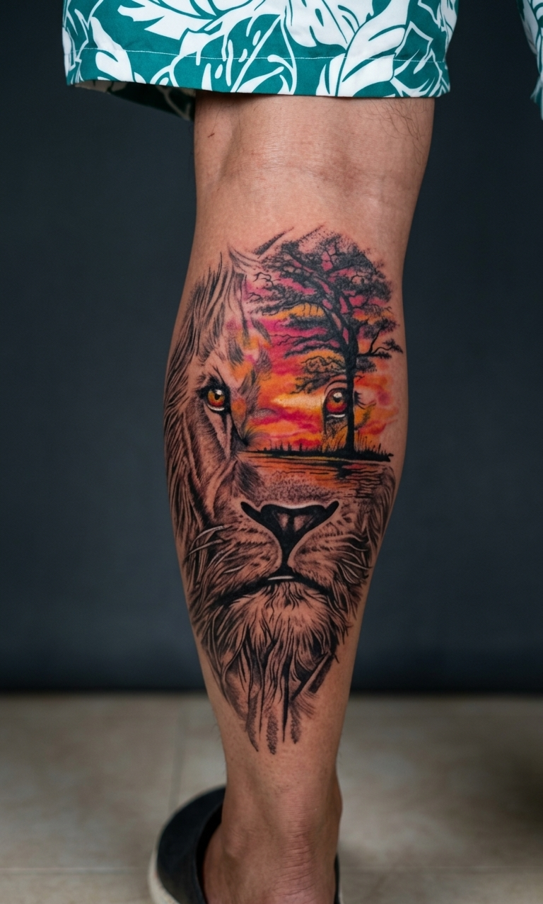 Tatuaje de león con paisaje de atardecer en tonos naranja, rosa y amarillo