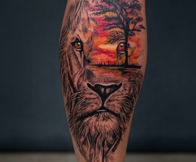 Tatuaje de león a color realizado por Tiño Tattoo