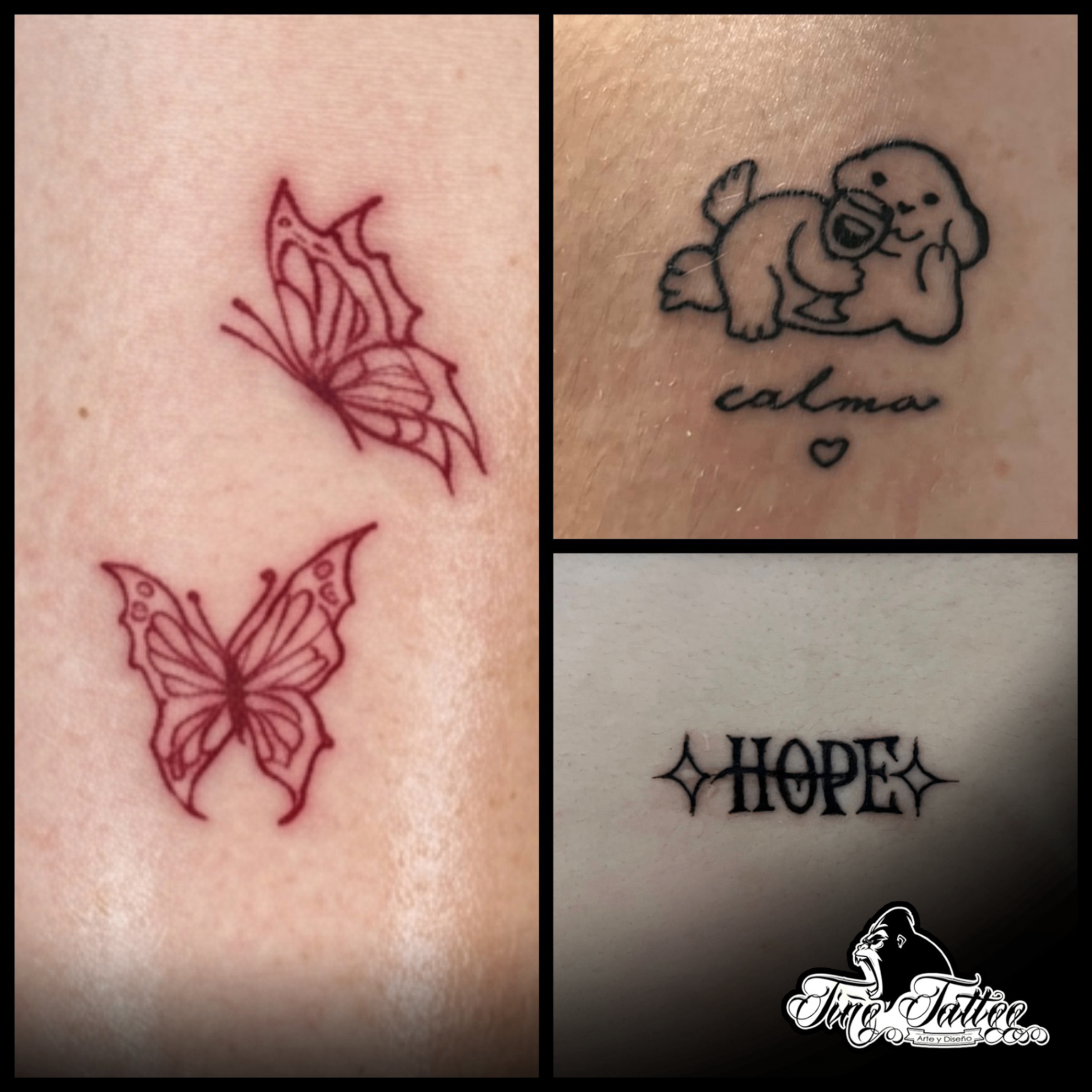 Collage de tatuajes fineline con mariposas rojas, personaje tierno con lettering y palabra hope