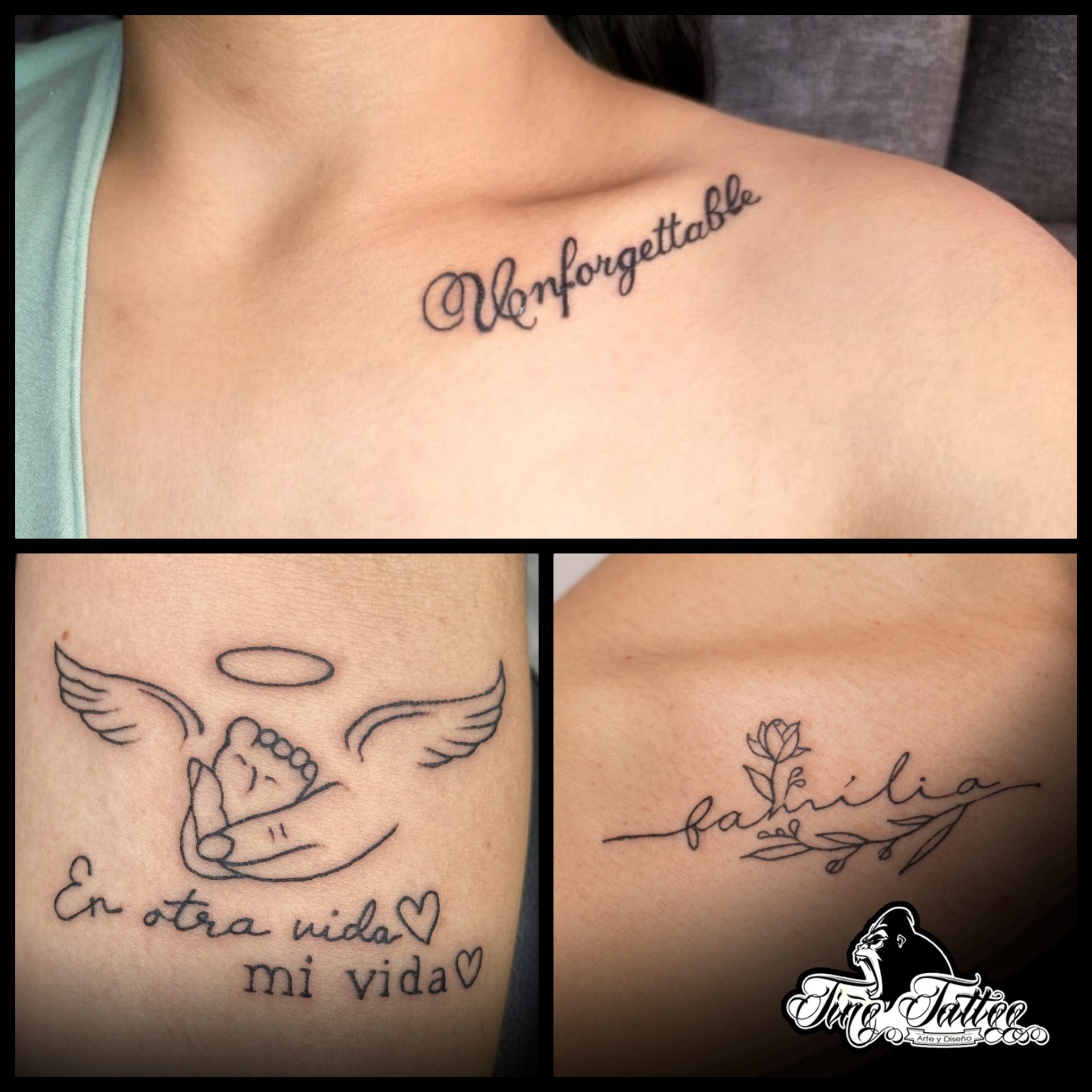 Composición de tatuajes personalizados con lettering en clavícula, manos con alas y palabra familia con flor